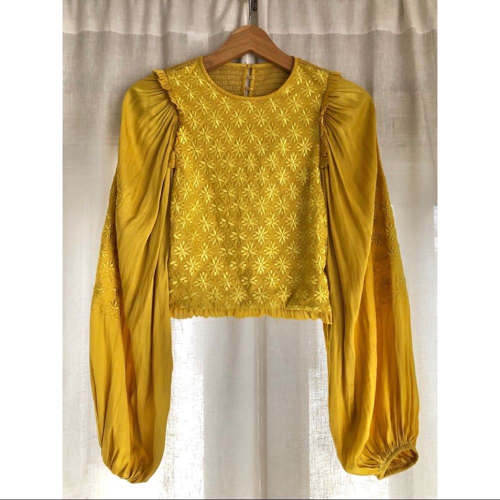 Ulla Johnson Gold Yellow Embroidered Balloon Puff-sleeve Crop Blouse, OAK, NWOT